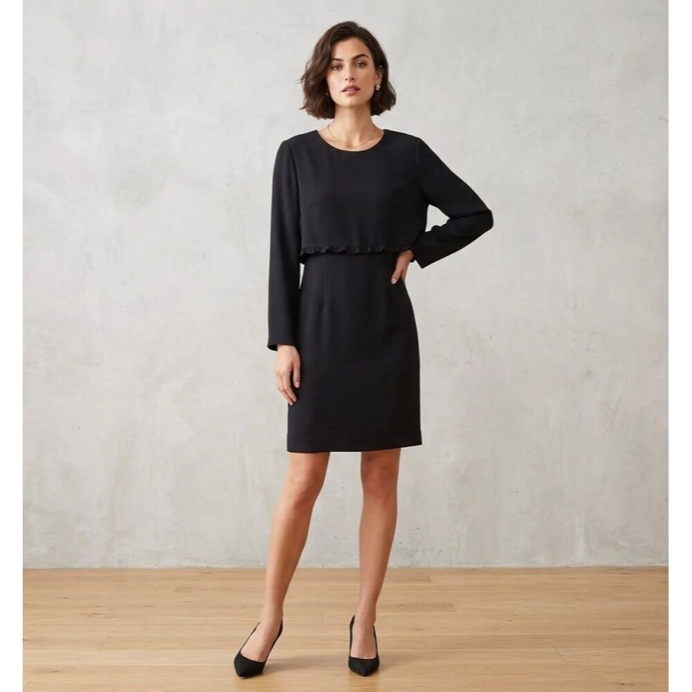 Liz Claiborne Vintage Sheath Dress Women's Size 14 Black Scoop Neck Ruffle Trim